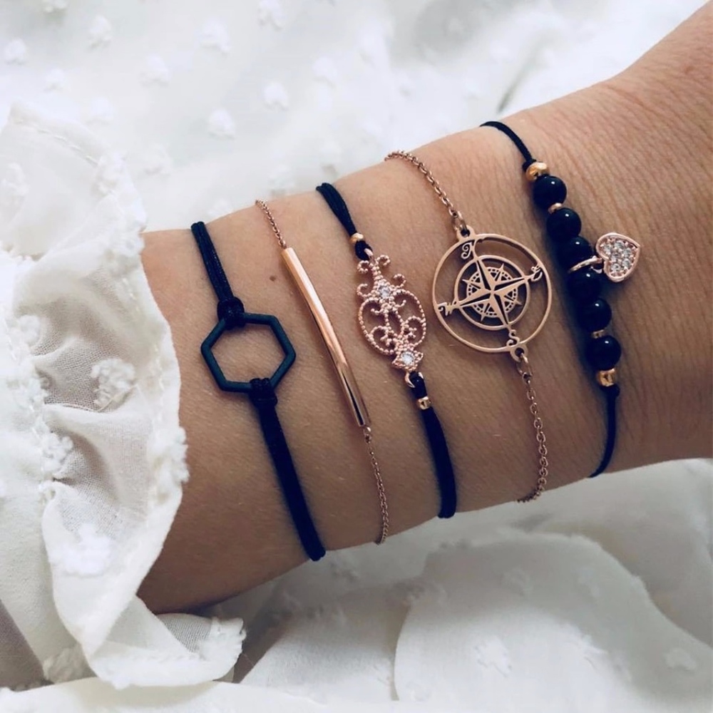 'My Guide' Compass Gold and Black 5 Piece Bracelet